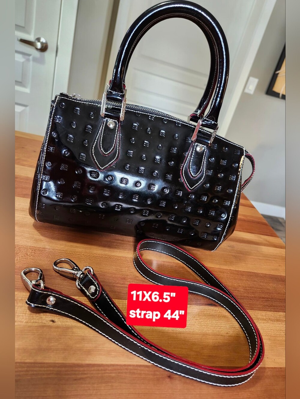 Arcadia Black Embossed Leather Patent Dome Satchel Handbag with Removable Strap